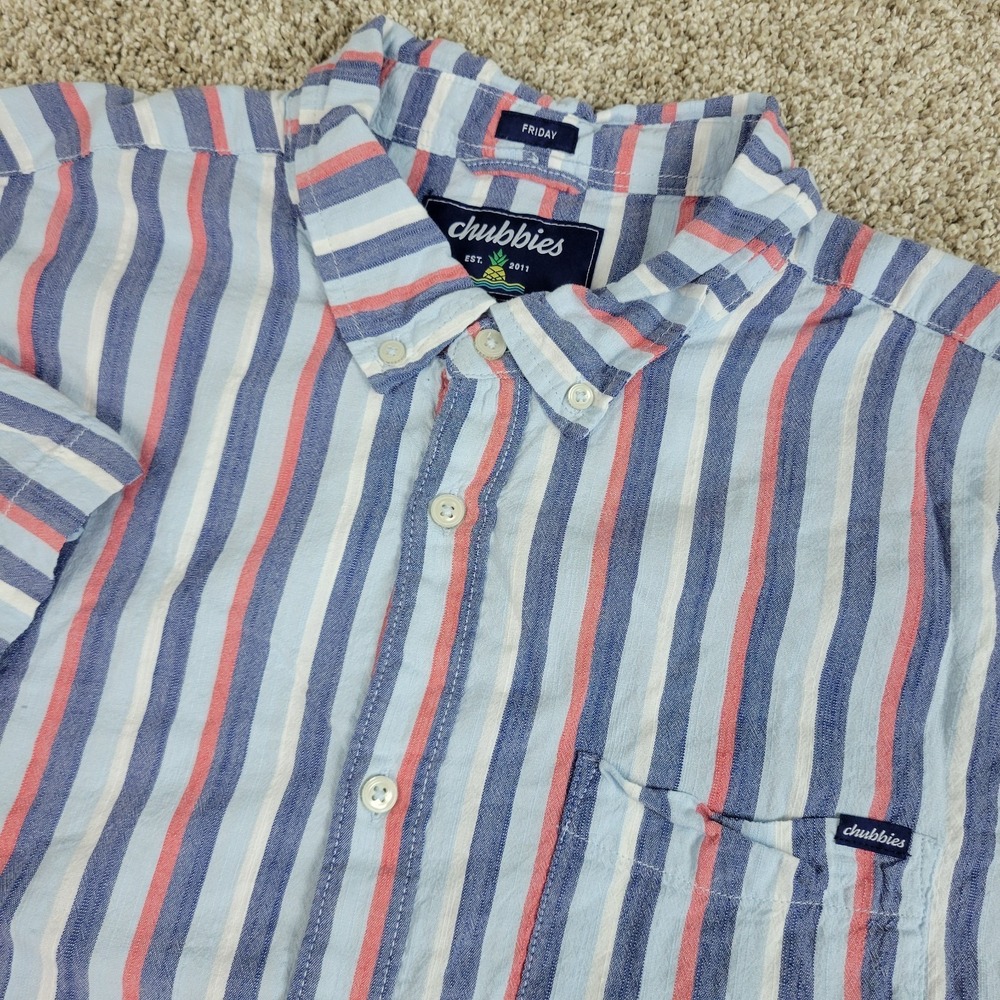 Chubbies Friday Mens XL Blue Red Striped Button Down Short Sleeve